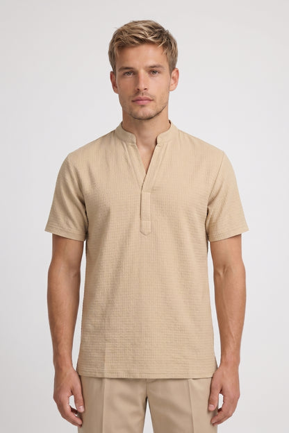 Chemise Homme - Col Mao Manches Courtes Style Henley | Décontracté