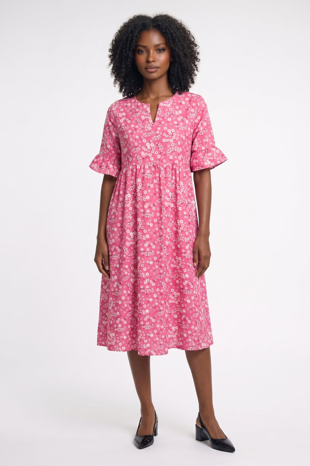 Robe Midi Femme - Imprimé Fleuri Col V Manches Volantées | Bohème
