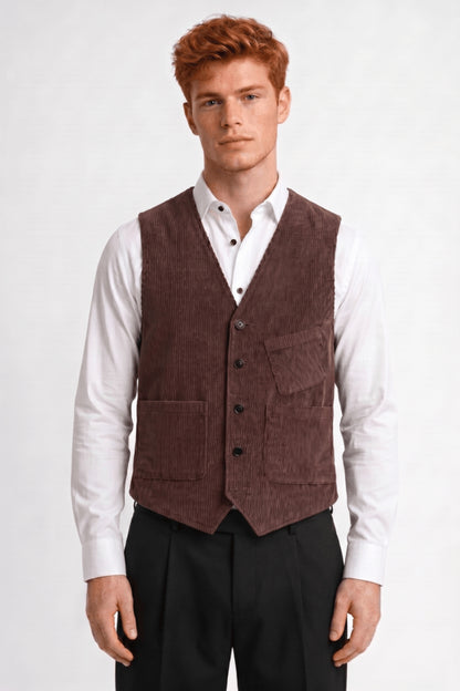 Gilet Homme - Côtelé Col V avec Poches Boutonnées | Classique