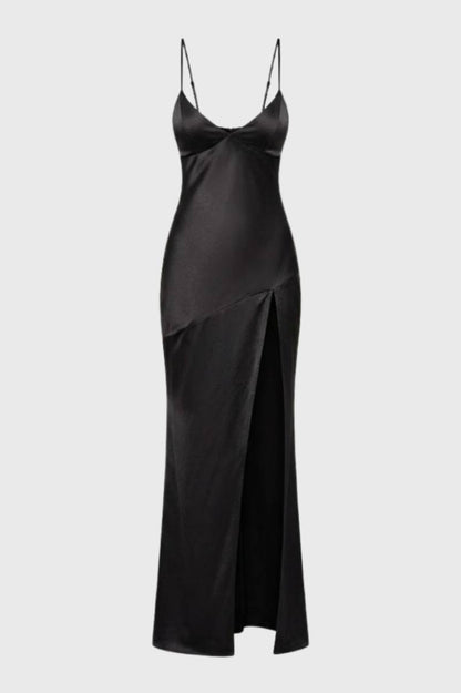 Robe Femme - Longue Fente Latérale avec Bretelles | Élégante — Noir