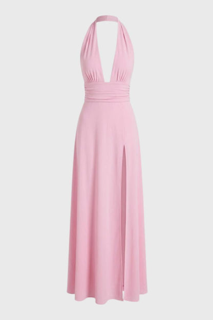 Robe Femme - Longue Licou avec Fente Latérale | Séduction - Rose