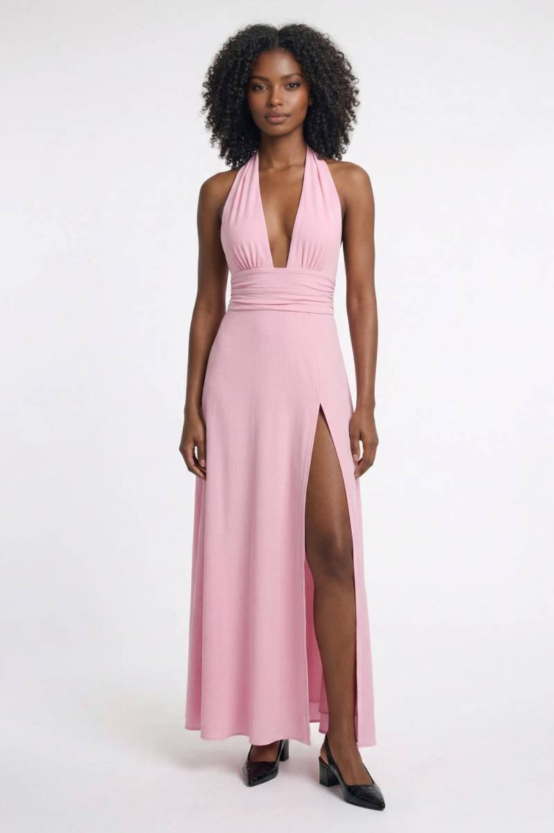 Robe Femme - Longue Licou avec Fente Latérale | Séduction - Rose