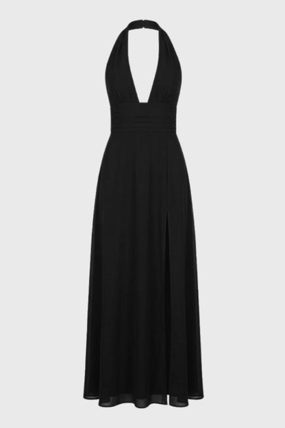 Robe Femme - Longue Licou avec Fente Latérale | Séduction - Noir