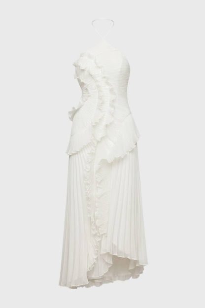 Robe Femme - Longue Plissée Col Halter | Élégante - Blanc