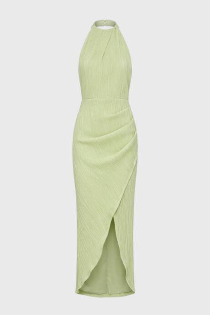 Robe Femme - Midi Col Montant avec Détails Plissés | Élégant - Vert Clair