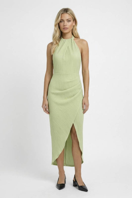 Robe Femme - Midi Col Montant avec Détails Plissés | Élégant - Vert Clair