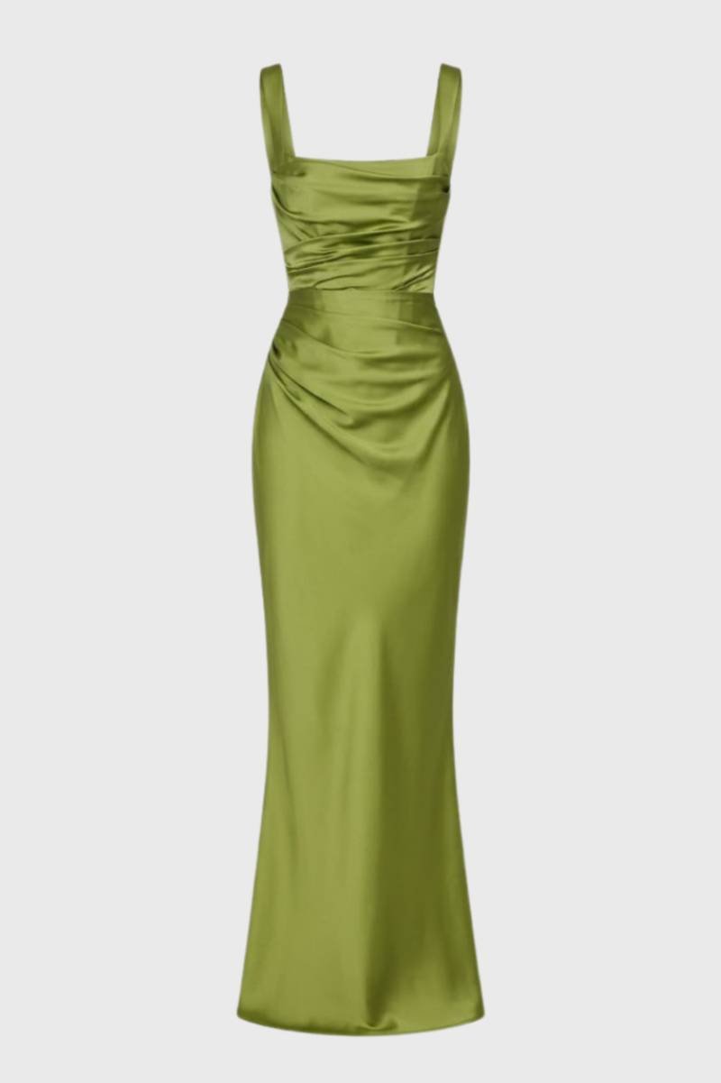 Robe Longue Femme - Bretelles Drapée | Élégante - Olive