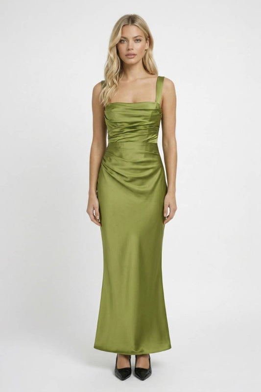 Robe Longue Femme - Bretelles Drapée | Élégante - Olive