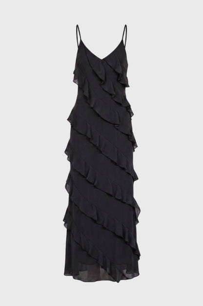 Robe maxi Femme - Bretelles Volants Étagés | Romantique — Noir