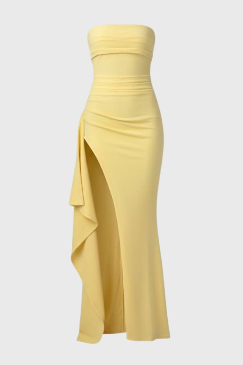 Robe Maxi Femme - Bustier Fendue avec Volant | Élégante - Jaune