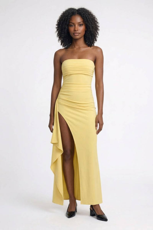 Robe Maxi Femme - Bustier Fendue avec Volant | Élégante - Jaune