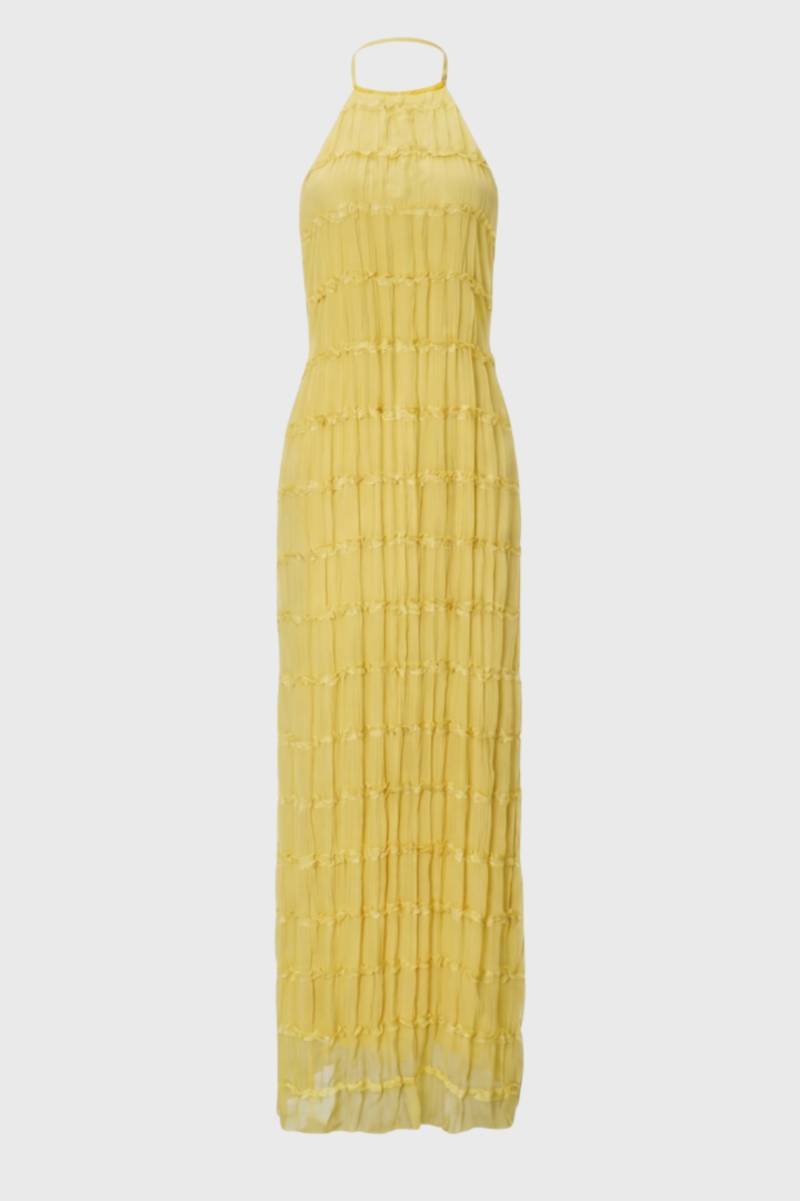 Robe Maxi Femme - Col Halter Plissée Volants | Bohème — Jaune