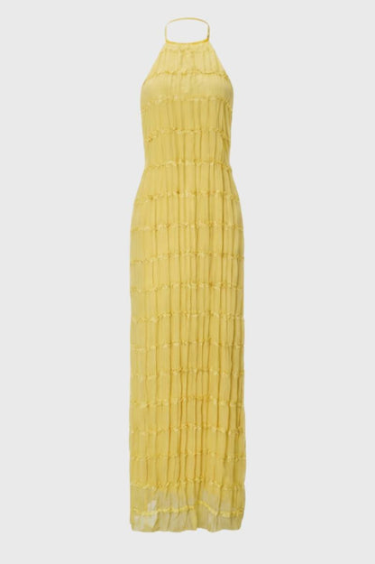 Robe Maxi Femme - Col Halter Plissée Volants | Bohème — Jaune