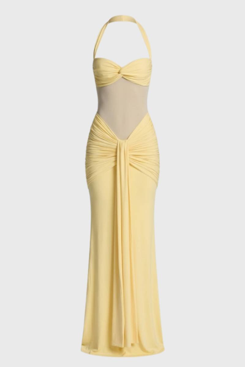 Robe Maxi Femme - Dos Nu Bustier avec Bretelles Tour de Cou | Élégant - Jaune