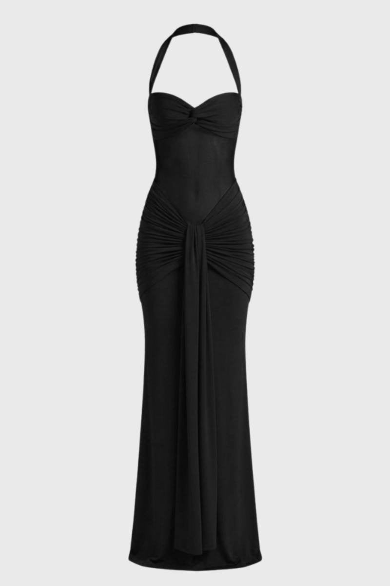 Robe Maxi Femme - Dos Nu Bustier avec Bretelles Tour de Cou | Élégant - Noir