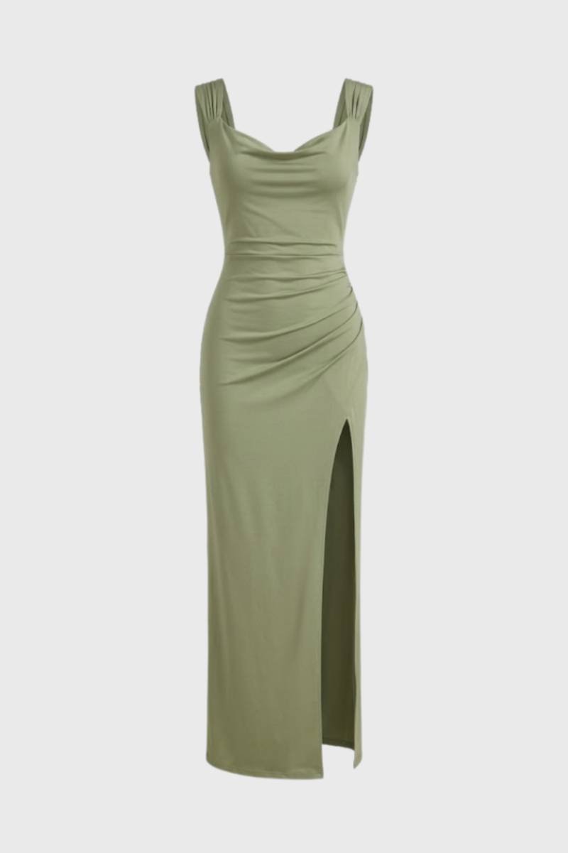 Robe Maxi Femme - Drapée avec Fente Latérale | Élégante - Olive