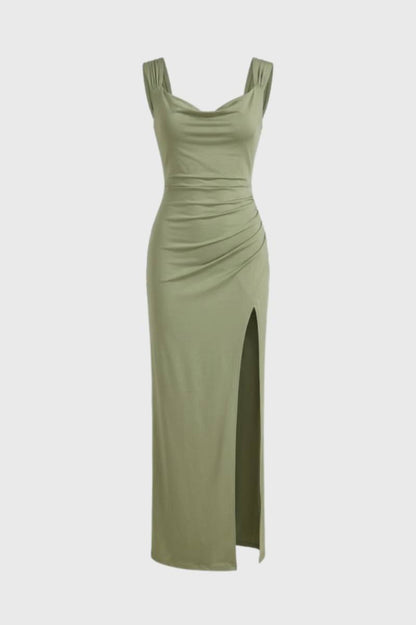 Robe Maxi Femme - Drapée avec Fente Latérale | Élégante - Olive