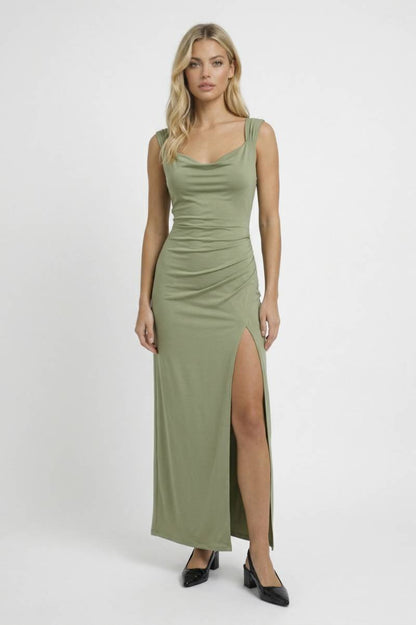 Robe Maxi Femme - Drapée avec Fente Latérale | Élégante - Olive