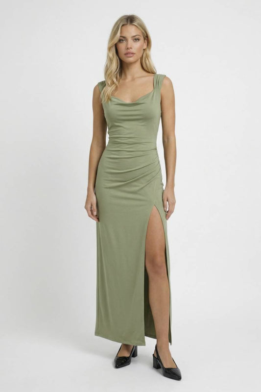 Robe Maxi Femme - Drapée avec Fente Latérale | Élégante - Olive