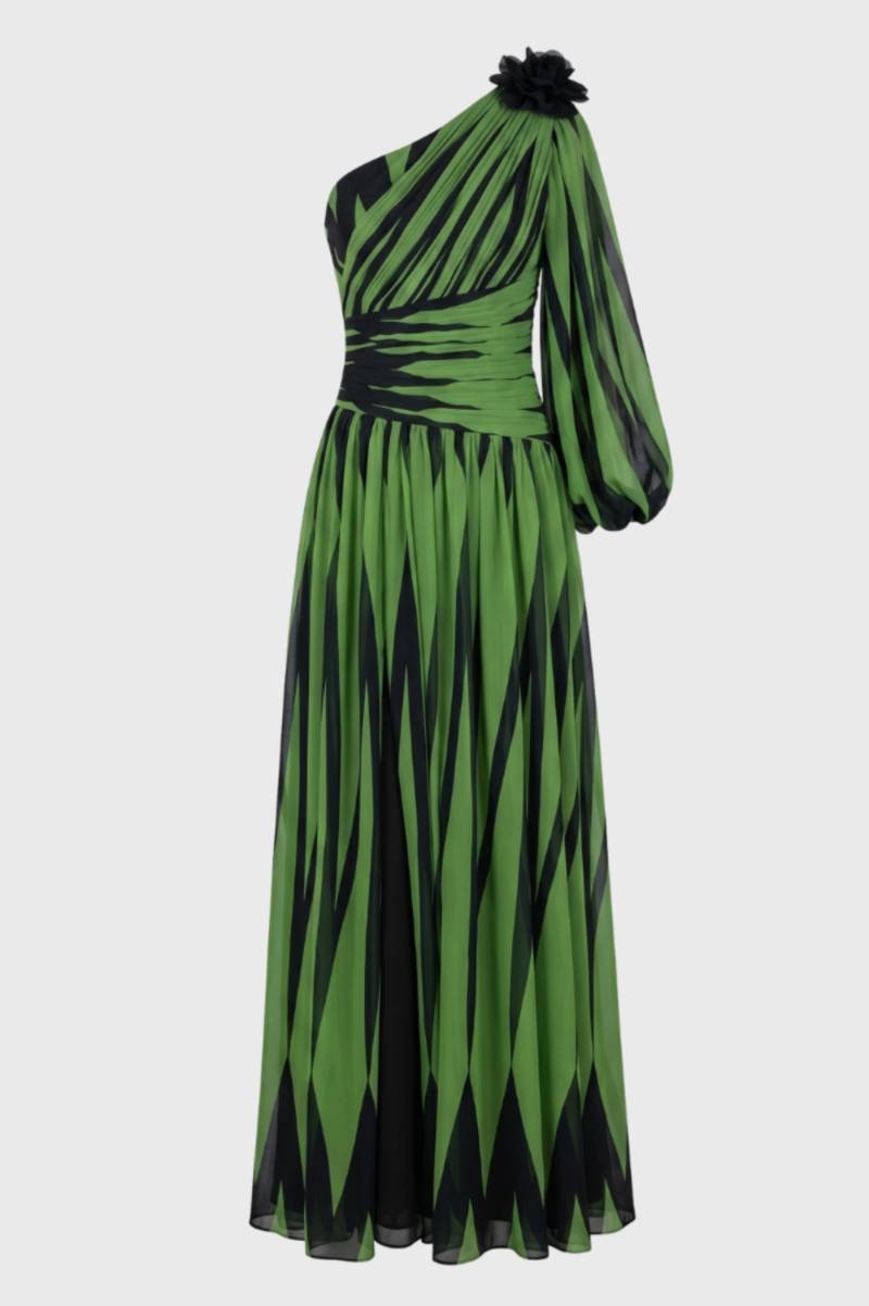 Robe Maxi Femme - Épaule Dénudée avec Motif Géométrique | Chic — Vert