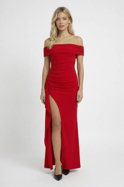 Robe Maxi Femme - Épaules Dénudées avec Fente | Élégante — Rouge