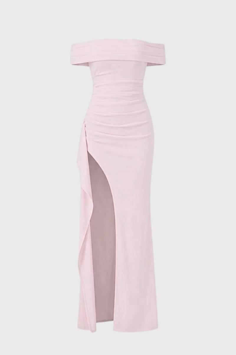 Robe Maxi Femme - Épaules Dénudées avec Fente | Élégante — Rose Clair