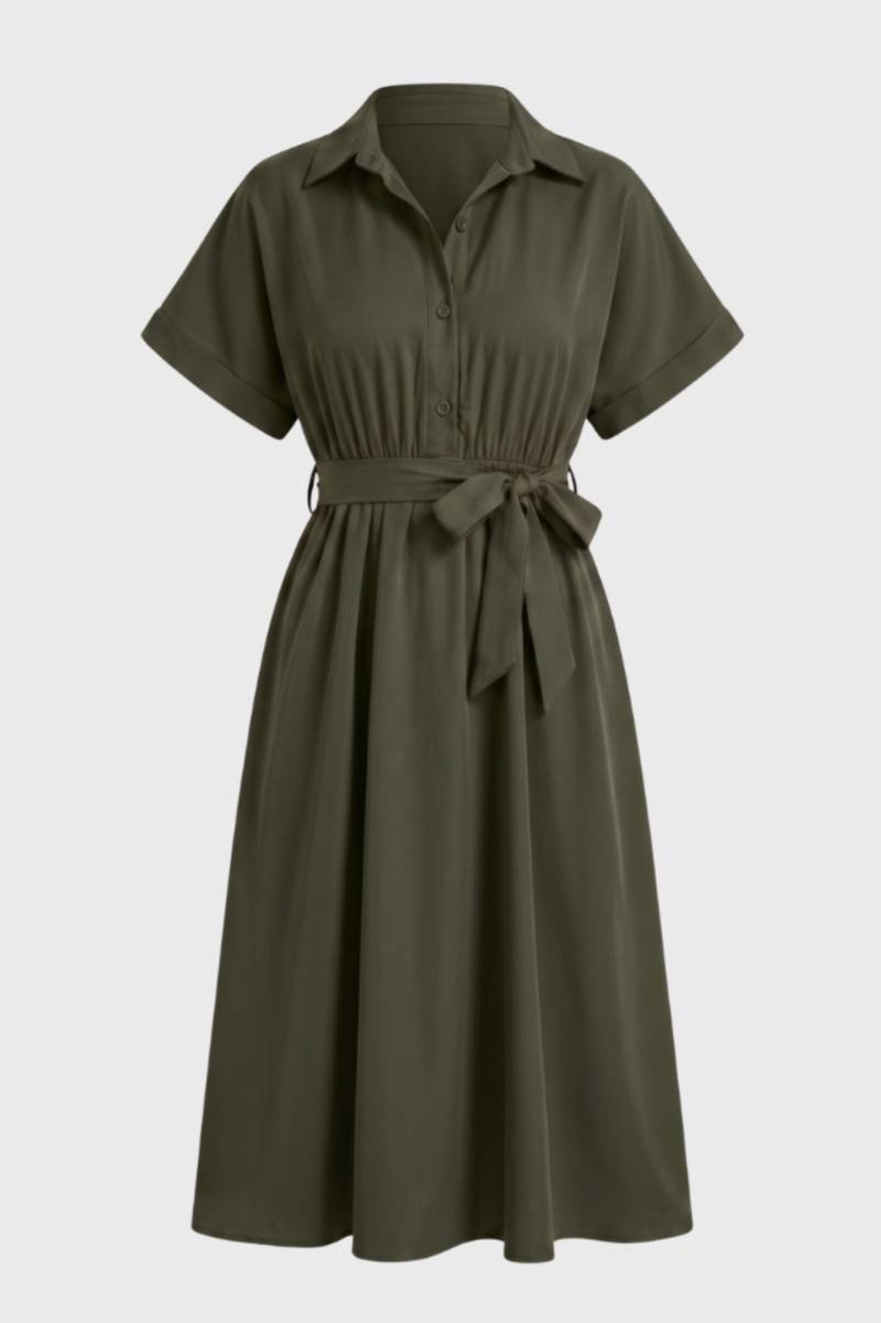 Robe Midi Femme - Boutonnée Manches Courtes Ceinture | Chic — Olive