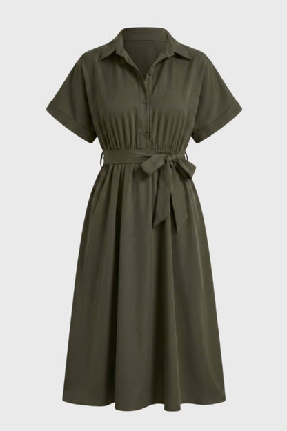 Robe Midi Femme - Boutonnée Manches Courtes Ceinture | Chic — Olive