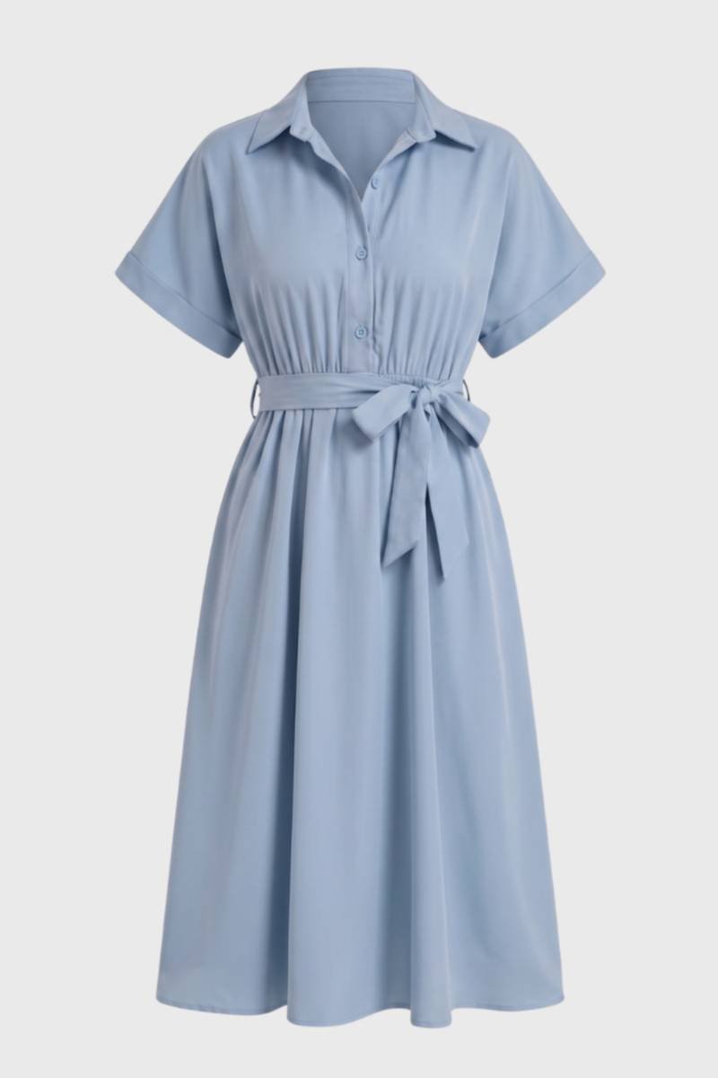 Robe Midi Femme - Boutonnée Manches Courtes Ceinture | Chic — Bleu Clair