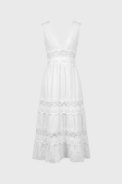 Robe Midi Femme - Broderie Anglaise Col V Profond | Bohème — Blanc