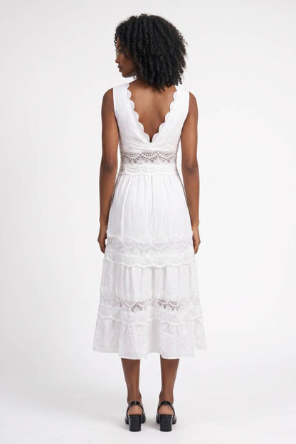 Robe Midi Femme - Broderie Anglaise Col V Profond | Bohème — Blanc