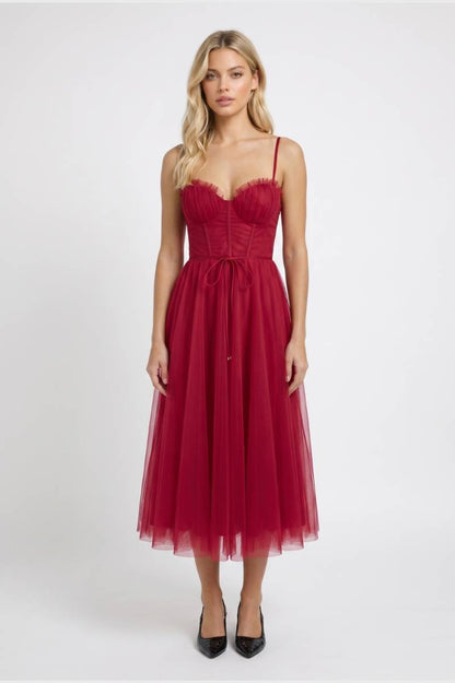 Robe Midi Femme - Bustier Bretelles Fines | Romantique — Rouge