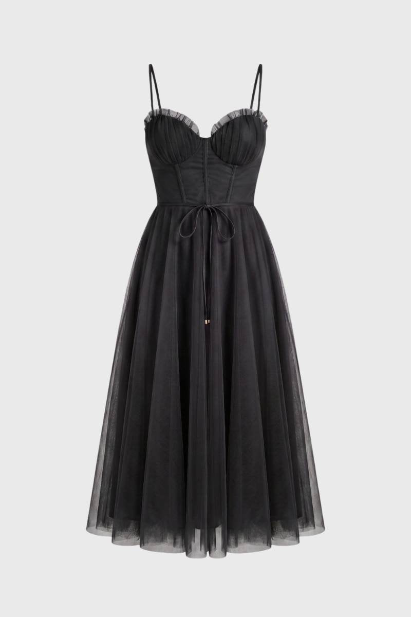 Robe Midi Femme - Bustier Bretelles Fines | Romantique — Noir