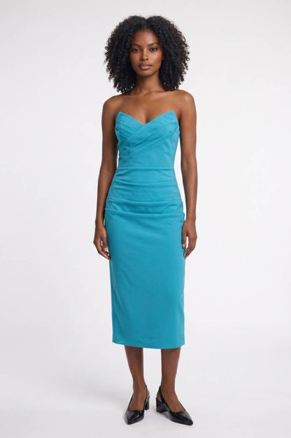 Robe midi Femme - Bustier Drapé Col Cœur Ajustée | Raffinée — Turquoise