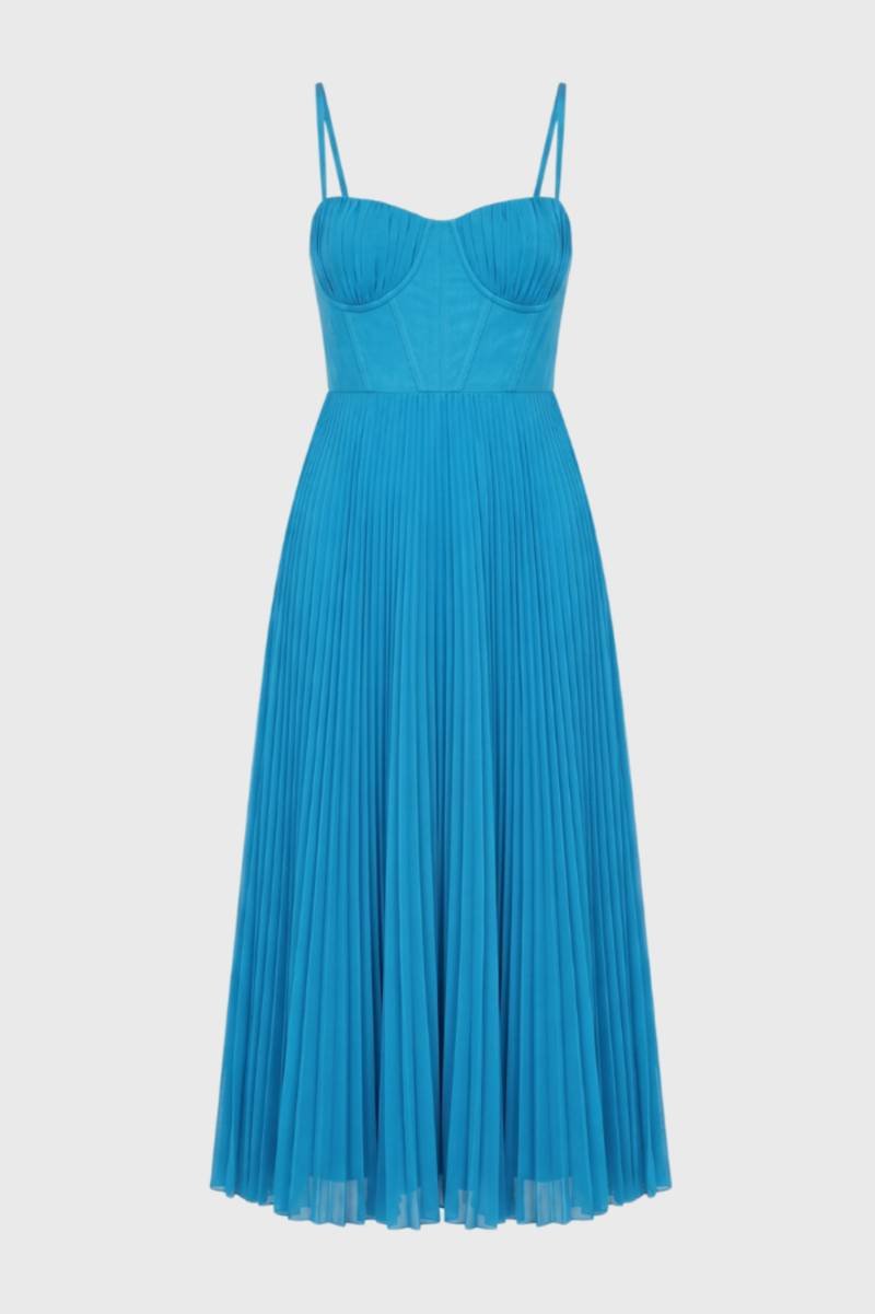 Robe Midi Femme - Bustier Plissée Bretelles Fines | Élégante — Bleu