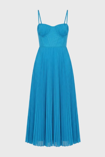 Robe Midi Femme - Bustier Plissée Bretelles Fines | Élégante — Bleu