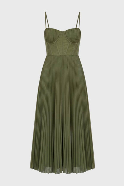 Robe Midi Femme - Bustier Plissée Bretelles Fines | Élégante — Olive