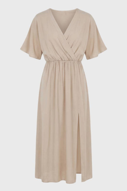 Robe midi Femme - Cache-Cœur Taille Élastique Fente | Décontractée — Beige