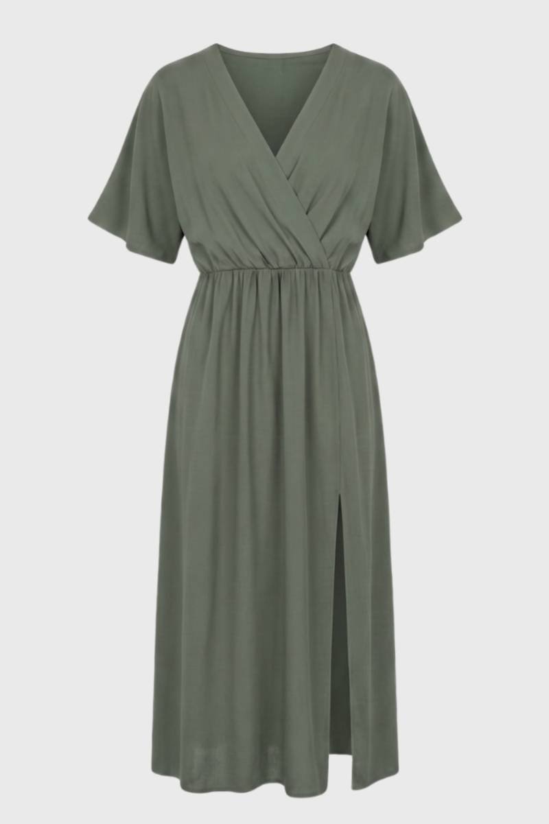Robe midi Femme - Cache-Cœur Taille Élastique Fente | Décontractée — Olive