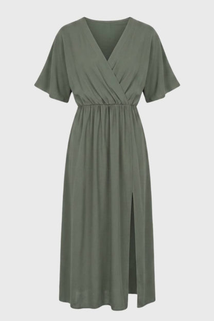 Robe midi Femme - Cache-Cœur Taille Élastique Fente | Décontractée — Olive