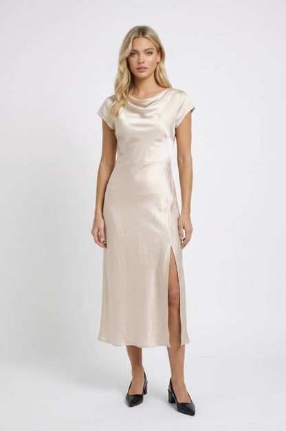 Robe midi Femme - Col Bénitier Dos Noué Fente Latérale | Chic — Champagne