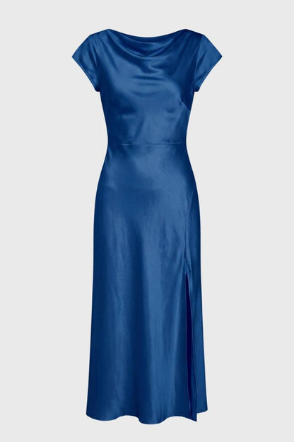 Robe midi Femme - Col Bénitier Dos Noué Fente Latérale | Chic — Bleu