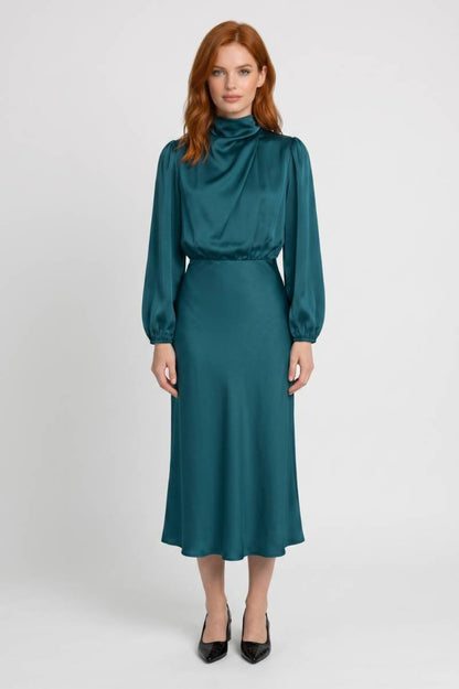 Robe midi Femme - Col Montant Manches Bouffantes | Élégant — Vert Canard