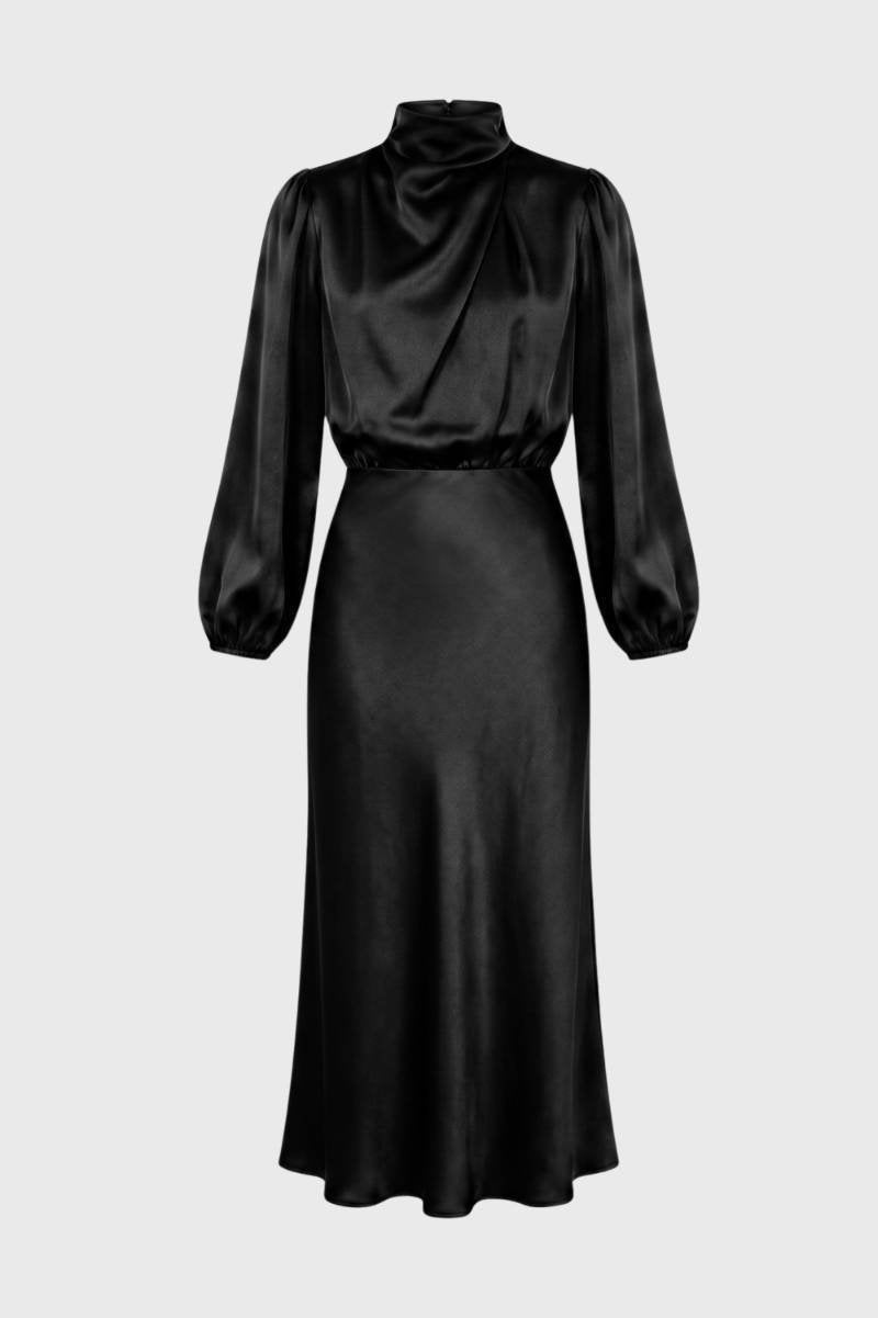 Robe midi Femme - Col Montant Manches Bouffantes | Élégant — Noir