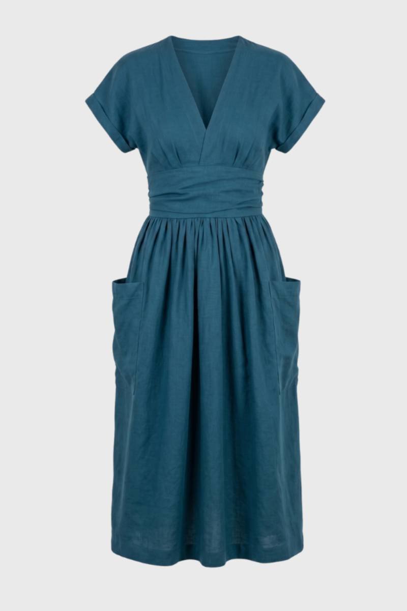 Robe midi Femme - Col V Ceinture Élastique Poches | Confort — Bleu Canard
