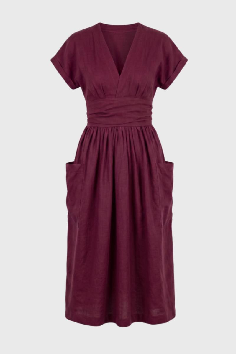 Robe midi Femme - Col V Ceinture Élastique Poches | Confort — Bordeaux