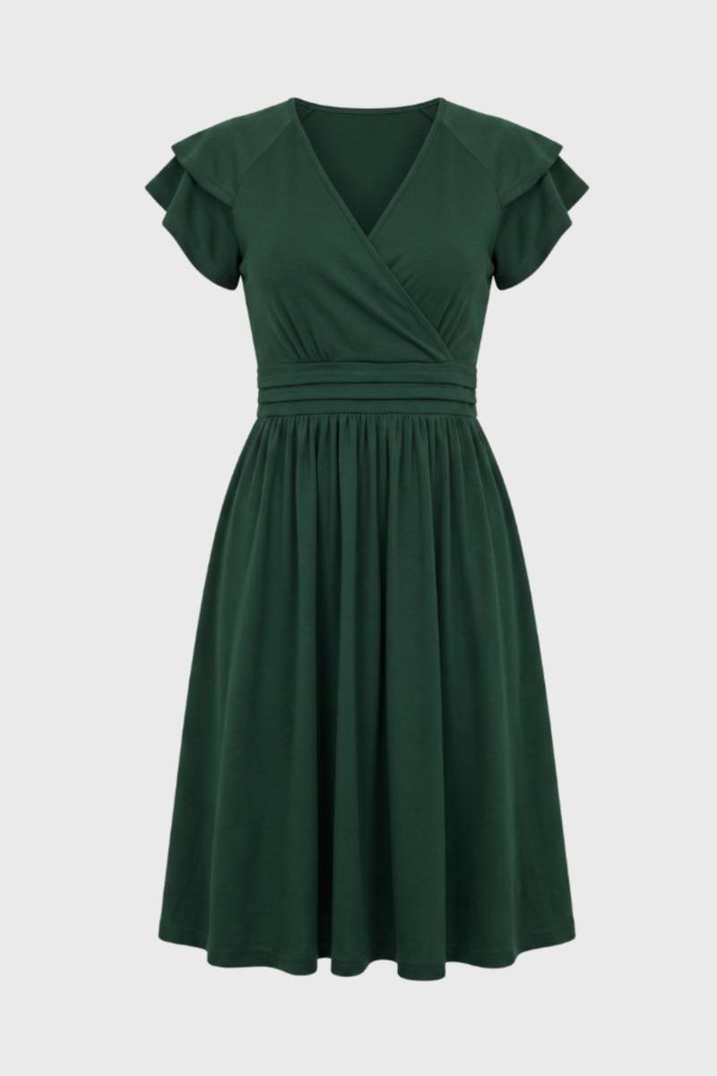 Robe midi Femme - Col V Croisé Manches Volantées | Élégante — Vert Foncé