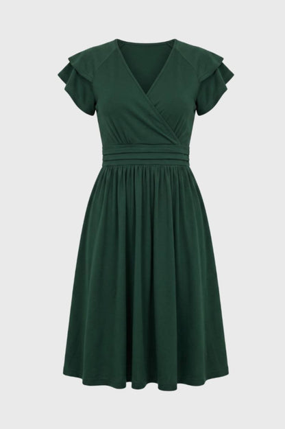 Robe midi Femme - Col V Croisé Manches Volantées | Élégante — Vert Foncé
