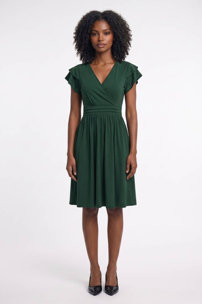 Robe midi Femme - Col V Croisé Manches Volantées | Élégante — Vert Foncé