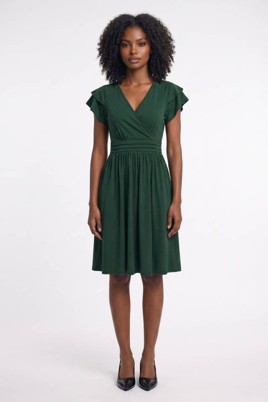 Robe midi Femme - Col V Croisé Manches Volantées | Élégante — Vert Foncé